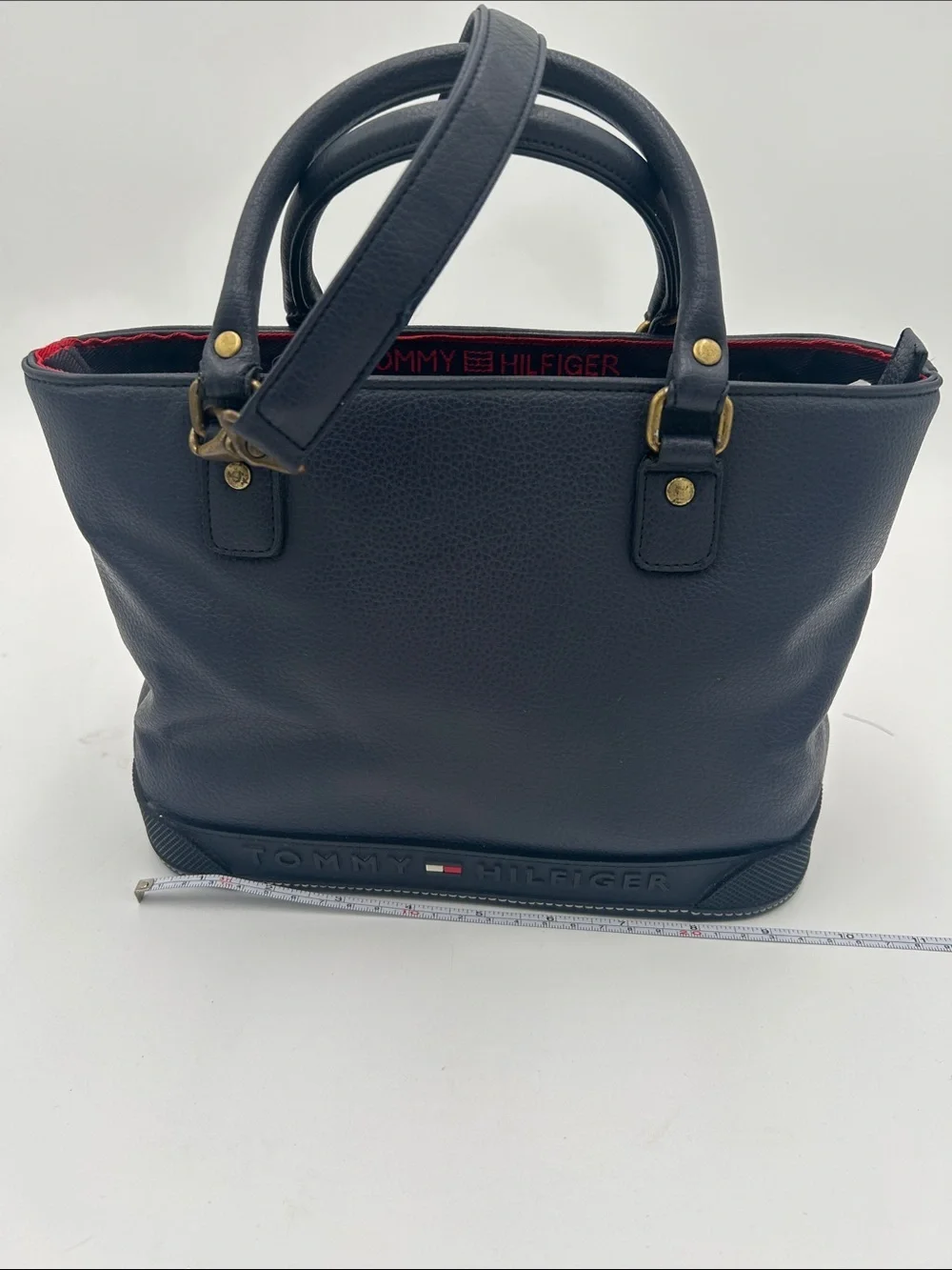 Y2K Tommy Hilfiger Navy Pebbled Leather Tote Bag  Detachable Crossbody Strap